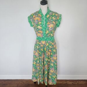Vintage Jane Schaffhausen for Belle France Green Floral Tea Dress Cottagecore S